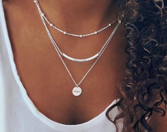 Custom Triple Layering Necklace, Engraved Layer Necklace Set, Multi Strand Necklace, Personalised Multi Chain Bar Necklace, Gift for Her