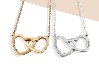 Collana personalizzata con cuore intrecciato, collana con due cuori intrecciati incisi, collana con nome a cuore collegato, collana personalizzata con cuore aperto