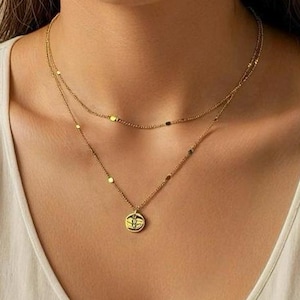 Collar de disco brillante en capas, delicado collar de cadena de monedas con disco con nombre, delicado collar de capas, collar de doble hebra con nombre personalizado