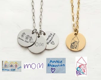 Children's Drawing Necklace, 316L Surgical Stainless Steel, Waterproof Jewelry, Custom Artwork Disc, Kids Painting, Handwriting, Signature