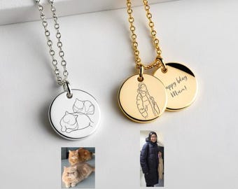 Calligraphy Line Portrait Necklace, Custom Photo Jewellery, Friends Family Couple Line Art Drawing, Personalised Gift, Engraved Illustration
