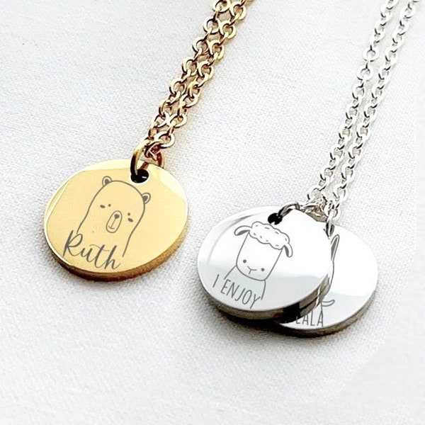 Collier animal mignon gravé avec nom, beau disque animal, collier à breloques animal dessin animé, bijoux animaux kawaii, cadeau pour amoureux des animaux