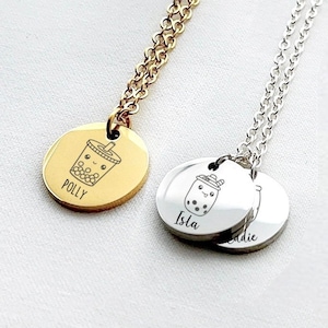 Engraved Kawaii Bubble Tea Necklace, Cute Boba Tea Necklace, Cute Jewellery, Personalised Name Disc Necklace, Lovely Foodie Charm Necklace