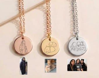 Custom Portrait Necklace, Waterproof, Friends Family Couple Jewellery, Line Art Drawing from Photo, Personalised Calligraphy, Engraved Disc