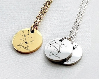 Zodiac Star Disc Necklace, Zodiac Sign Name Necklace, Engraved Constellation Star Charm Necklace, Engraved Horoscope Star Necklace with Name