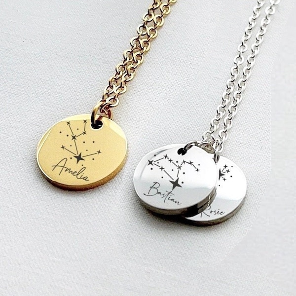 Zodiac Star Disc Necklace, Zodiac Sign Name Necklace, Engraved Constellation Star Charm Necklace, Engraved Horoscope Star Necklace with Name