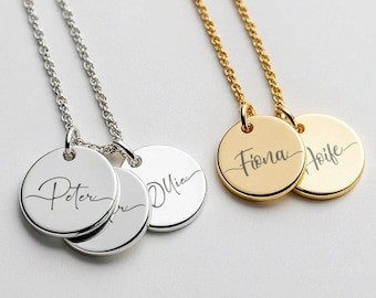 Collar con nombre grabado en espiral, collar con disco con nombre en cursiva, collar con dos discos, collar con dije de nombre grabado, collar con nombre para niña, para ELLA