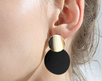 Classic Earring in Black Gold, Double Disc Earring, Round Disc Drop Earring, Bold Circle Earring, Geometric Earring, Gold Coin Earring