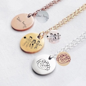 Engraved Drawing Necklace, Children&#39;s Artwork Necklace, Custom Logo Necklace, Drawing Disc Necklace, Kids Painting Necklace, Mother&#39;s Gift
