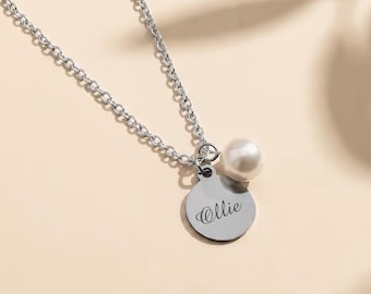 Personalised Small Disc with Pearl Charm, Custom Disc Necklace, Engraved Tag Necklace, Pearl Jewelry, Name Charm Necklace with Dainty Pearl