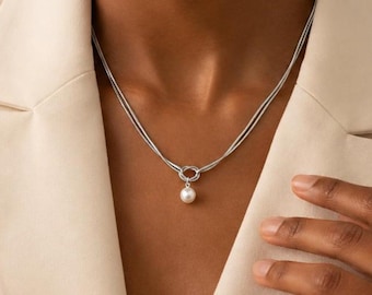 Dainty Double Snake Chain, Intertwined Knot Necklace, Double Strands Choker, Shell Pearl Drop, Stainless Steel, Modern Geometric Jewellery