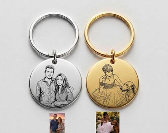 Manga-Style Photo Keychain, Waterproof Portrait Charm, Stainless Steel Round Tag, Custom Photo Keyring, Engraved Comic Anime Drawing