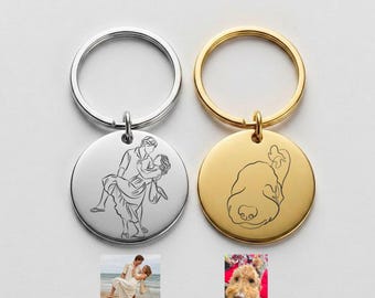Calligraphy Portrait Keychain, Waterproof Stainless Steel Round Tag, Engraved Simple Drawing Portrait Keyring, Custom Line Art from Photo