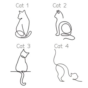 May include: Four black line art illustrations of cats labeled Cat 1, Cat 2, Cat 3, and Cat 4. Cat 1 sits upright, Cat 2 sits with a curled tail, Cat 3 sits on a horizontal line with a dangling tail, and Cat 4 is in a stretching pose.
