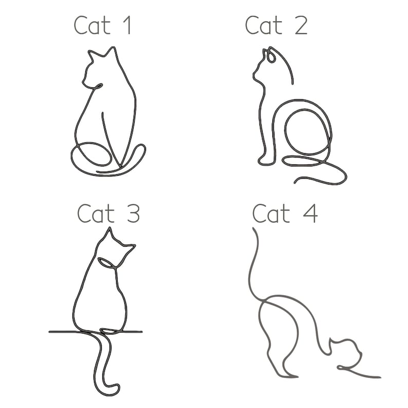 May include: Four black line art illustrations of cats labeled Cat 1, Cat 2, Cat 3, and Cat 4. Cat 1 sits upright, Cat 2 sits with a curled tail, Cat 3 sits on a horizontal line with a dangling tail, and Cat 4 is in a stretching pose.