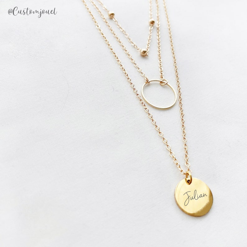 Ensemble de colliers multicouches, collier disque triple épaisseur, collier multicouches personnalisé, collier multi-chaînes gravé, cadeau personnalisé pour elle Gold