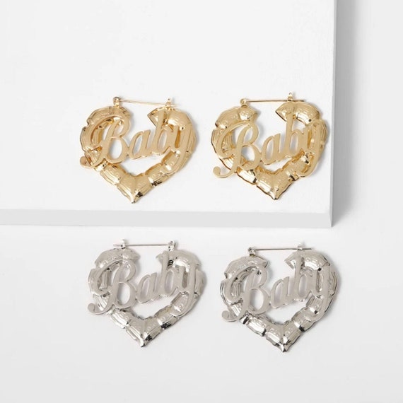 Name Bamboo Heart Earrings, Custom 
