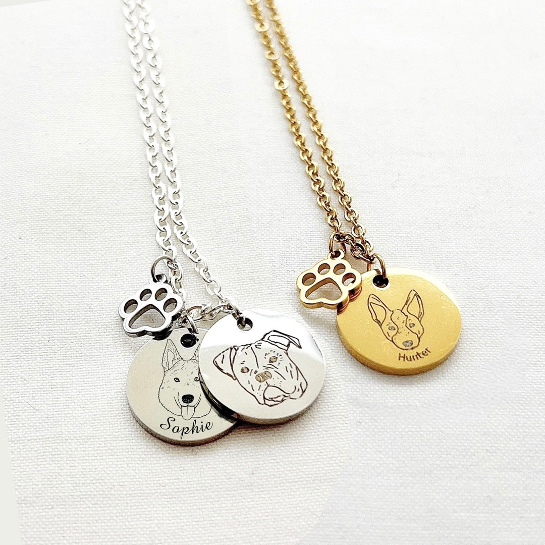 Personalized Dog Face Necklace With Paw Print Charm, Engraved Dog