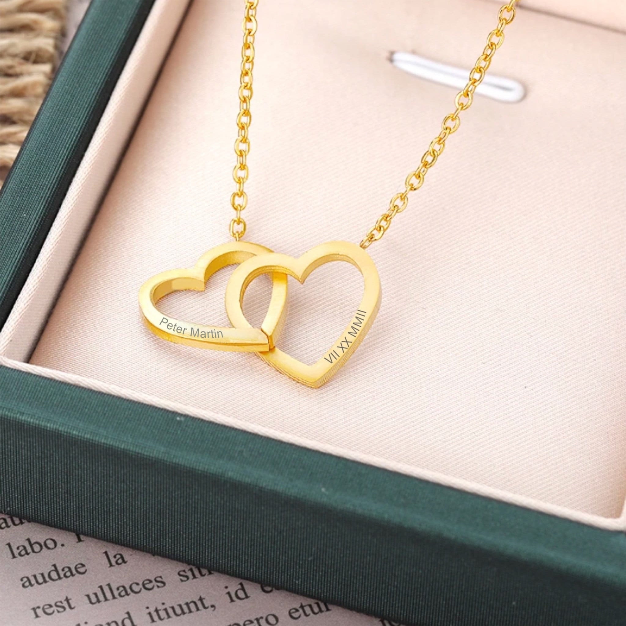 Engraved Double Heart Necklace, Custom Two Interlocking Hearts