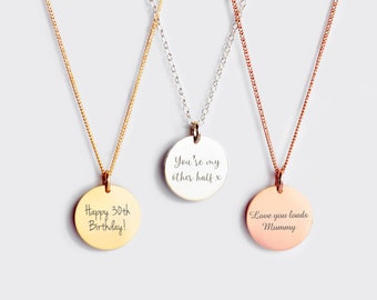 Custom Message Necklace, Love Note Necklace, Engraved Disc Necklace, Memorial Date Necklace, Bible Verse Necklace, Custom Quote Necklace