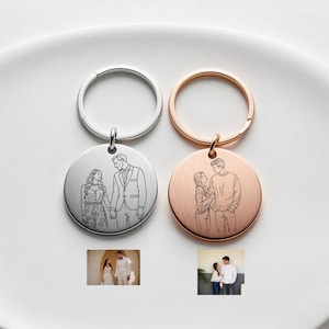 May include: Two silver and rose gold keyrings with round engraved discs featuring line drawings of couples. The keyrings are on a white surface.