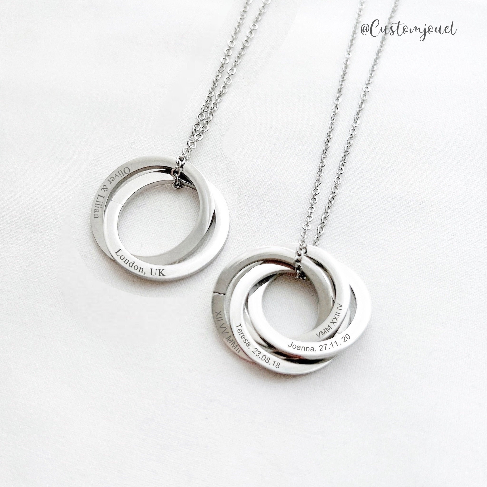 Interlocked Circle Necklace, Engraved Ring Necklace