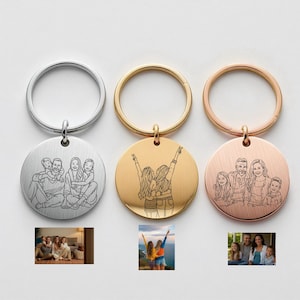 Portachiavi con foto incisa, portachiavi con foto disegnata a mano, ritratto di cartone animato personalizzato da foto, portachiavi con disegno a una linea, portachiavi con ritratto di famiglia