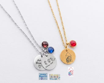 Multi Birthday Charm Necklace, 316L Stainless Steel, Engraved Painting Necklace, Birthstone Jewelry, Children's Drawing Disc, Kid's Artwork