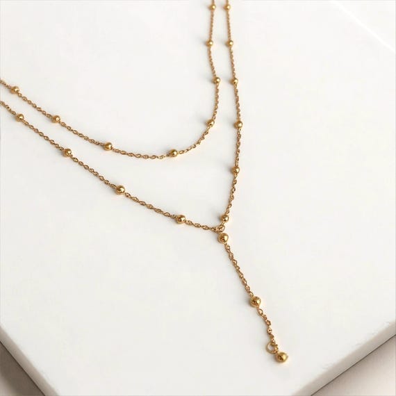 Lariat Gold Necklace For Women - Dainty Rhinestone Drop Choker, Adjustable Beaded Chain - View #6