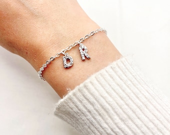 Custom Spaced Letter Bracelet, Multi Letter Charm Bracelet, Crystal Initial Bracelet, Zirconia Letter Charm Bracelet, Dainty Letter Bracelet