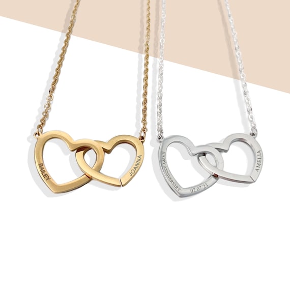Custom Intertwined Heart Necklace, Engraved Two Interlocking