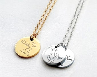 Engraved Dog Art Necklace, Custom Dog Name Necklace, Personalised Dog Charm Necklace, Dog Art Line Jewelry, Dog Disc Necklace, Gift for Her
