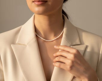 Small Classic Mother of Pearl, Dainty Shell Pearl Necklace, Round Beads Choker, Elegant Jewellery, Delicate Accessory, Tarnish Proof