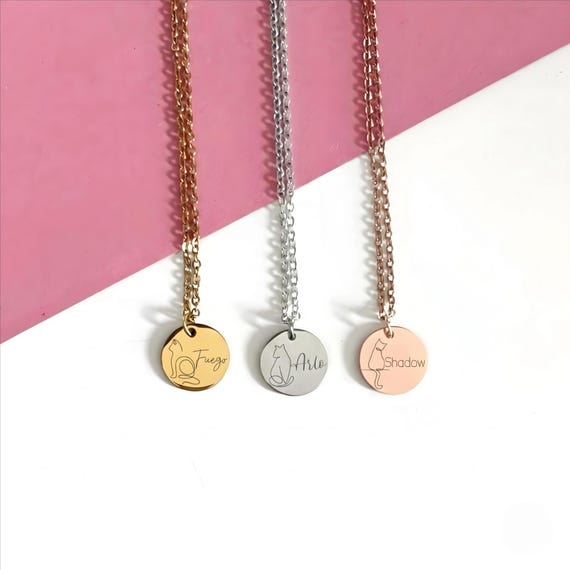 Personalised Artistic Cat Line Necklace, Engraved Cat Disc Necklace, Custom Cat Art Charm, Cat Memory Jewellery, Cat Drawing Name Necklace