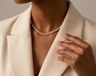 4mm Dainty Shell Pearl Necklace, Mother of Pearl, Round Beads Choker, Minimalist Jewellery, Dainty Accessory, Splash-Proof