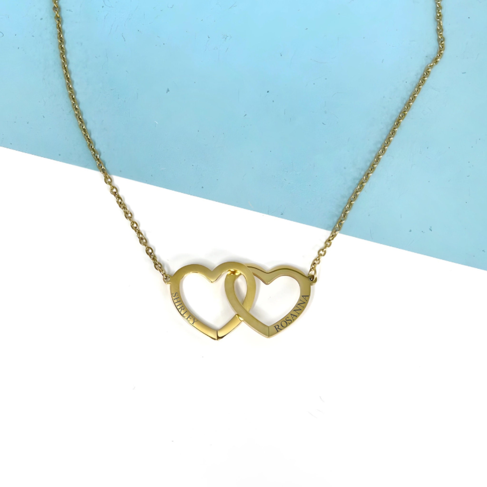 Engraved Double Heart Necklace, Custom Two Interlocking Engraved Double Heart Necklace, Custom Two Interlocking
