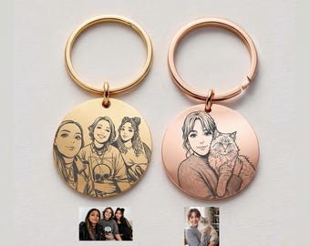 Anime Portrait Keychain, Waterproof Key Charm, Stainless Steel Round Tag, Engraved Photo Keyring, Custom Manga Comic Drawing from Picture
