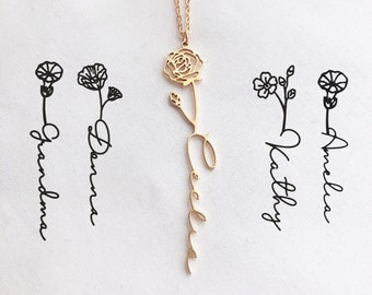 Custom Birth Month Flower, Personalised Birth Flower Necklace with Name, Nameplate Floral Necklace, Birthday Flower Jewellery, Mother&#39;s Gift