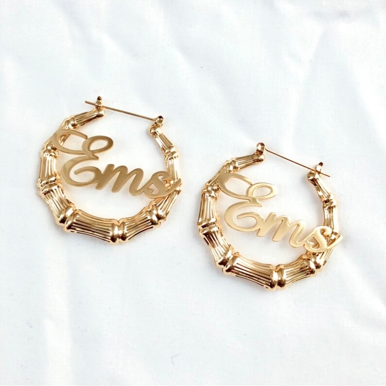 Name Bamboo Earrings Custom Bamboo Hoop Earrings Etsy