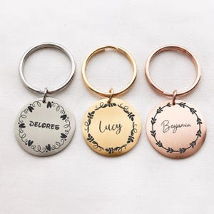 Engraved Pet Tag, Wreath Pet Tag, Pet ID Tag, Pet Name Tag, Personalised Dog Tag, Custom Cat Tag in Gold, Rose Gold, Silver, Custom Pet Gift