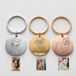 Placa de identificación personalizada con dibujo animado para mascota, placa con foto del dueño de la mascota, retrato grabado a partir de una foto, llavero con dibujo de una línea, regalo para mamá de mascota.