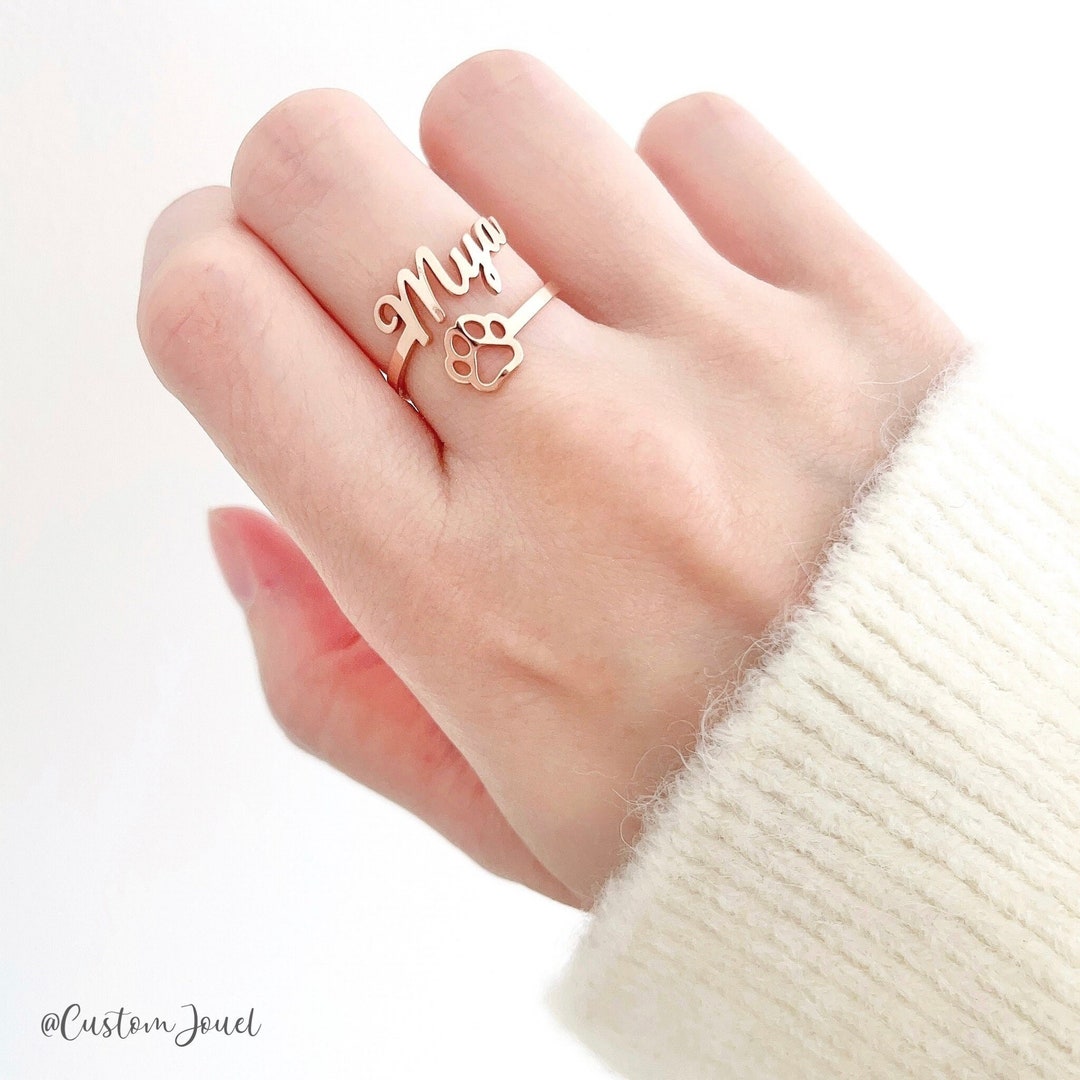 Custom Pet Name Ring With Paw Print Personalised Paw Ring Etsy