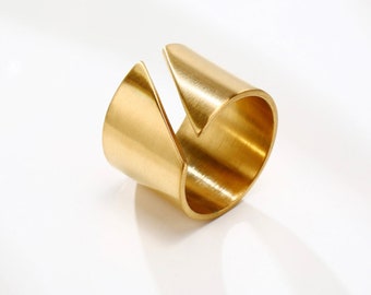Goldbandring, dicker Goldbandring, Boho-Ring, Goldring matt, geometrischer offener Ring, großer Bandring, Goldzubehör