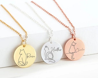 Personalised Cat Jewellery, Engraved Cat Line Necklace, Custom Cat Drawing Necklace, Cat Design Jewellery, Cat Name Necklace, Cat Owner Gift