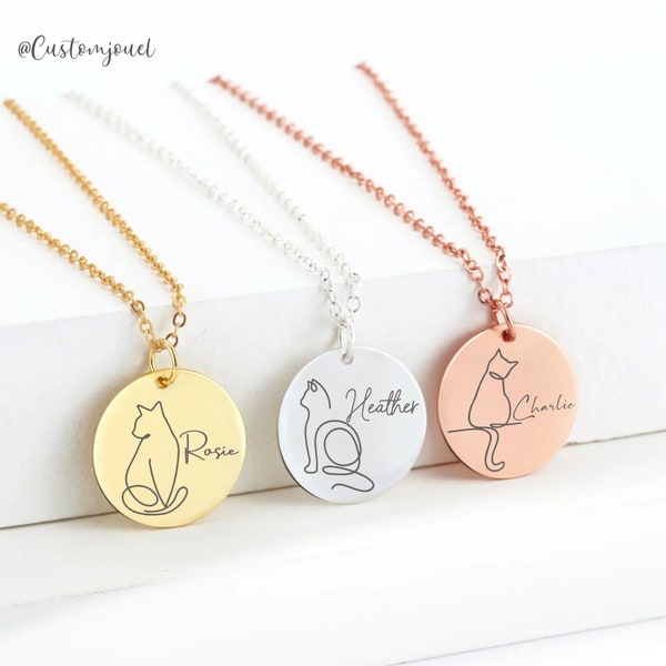 Personalisierte Katze Schmuck, Katze Linie Halskette, Benutzerdefinierte Katze Zeichnung Halskette, Katze Design Schmuck, Katze Name Halskette, Katze Besitzer Geschenk