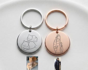 Personalised Calligraphy Photo Keychain, Waterproof Stainless Steel Charm, Engraved Portrait Keyring, Custom Line Drawing from Image