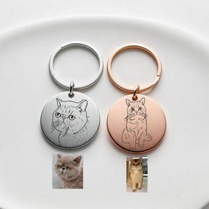 Cat Photo Cartoon Charm, Custom Cat Portrait from Photo, Dog Owner's Gift, Photo Cat Tag, Line Drawing Pet Key Chain, Unisex Pet Key Charm