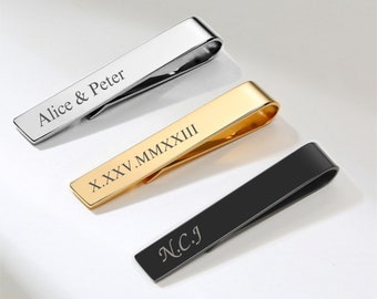 Engraved Tie Clip, Name Tie Pin in Silver Gold Black, Personalised Initials Tie Holder, Mens Accessories, Custom Tie Bar, Date Tie Slide