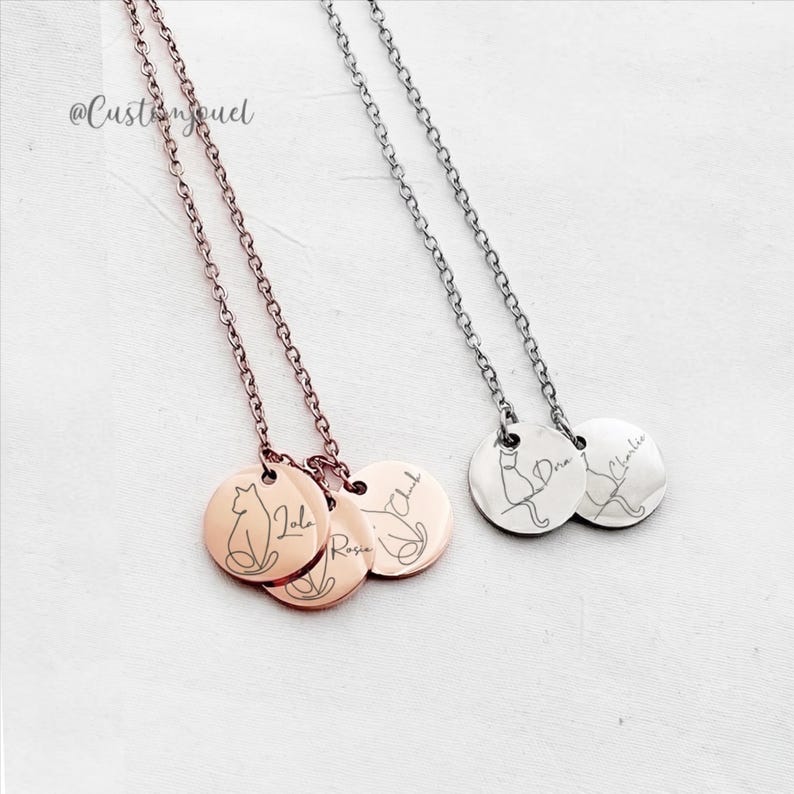 May include: Two metal necklaces with thin chains, one rose gold and one silver. Each chain features circular pendants engraved with minimalist line art of cats and the names Lola, Rosie, Chuck, Dora, and Charlie. The text @Customjouel is visible.