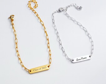 Custom Small Bar Bracelet, Thin Paperclip Chain Bracelet, Engraved Name Wristlet, Rectangle Link Chain Bracelet, Minimalist Bracelet